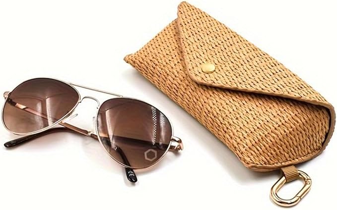 Glasses Case - Woven Straw Style Soft Box with Hook | Portable Eyewear Holder for Sunglasses, Reading Glasses, Contact Lens Accessories, Purse, Car, Desk, Nightstand, Drawer, Travel