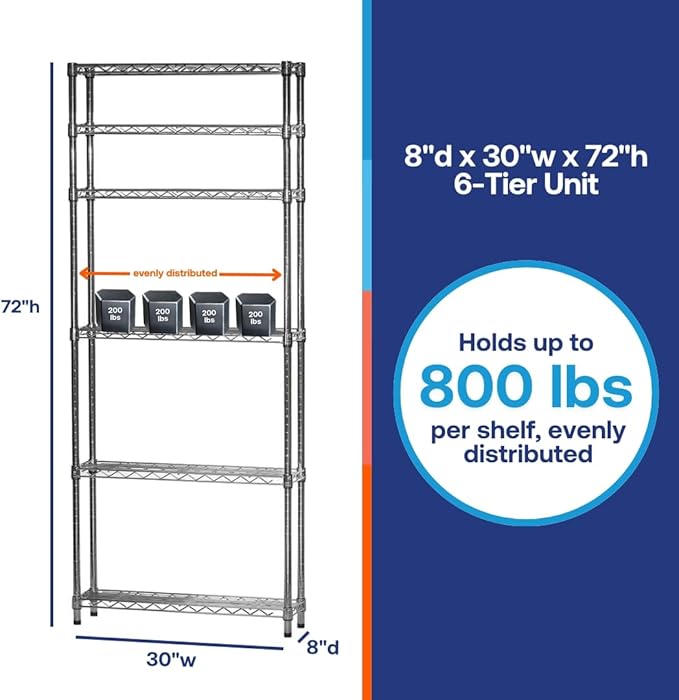 Shelving Inc. 8" d x 30" w x 72" h Chrome Wire Shelving with 6 Tier Shelves, Weight Capacity 800lbs Per Shelf