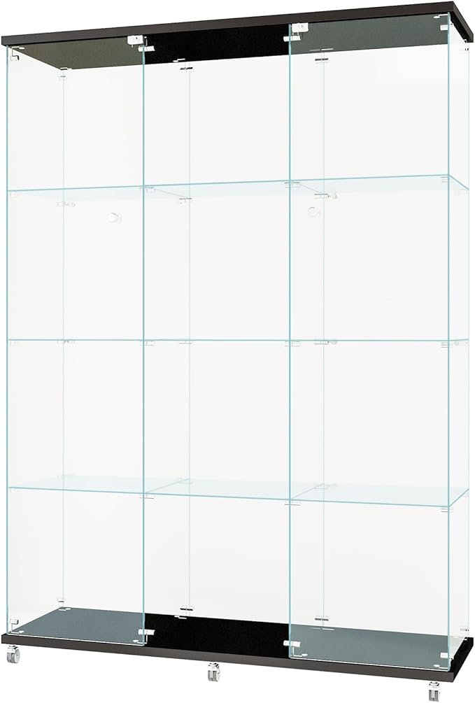 Beauty4U Glass Display Cabinet with 12 Shelves, Extra Large 3 Columns 2 Doors Curio Cabinets for Living Room, Bedroom, Office, Black Floor Standing DIY Glass Bookshelf, Quick Installation