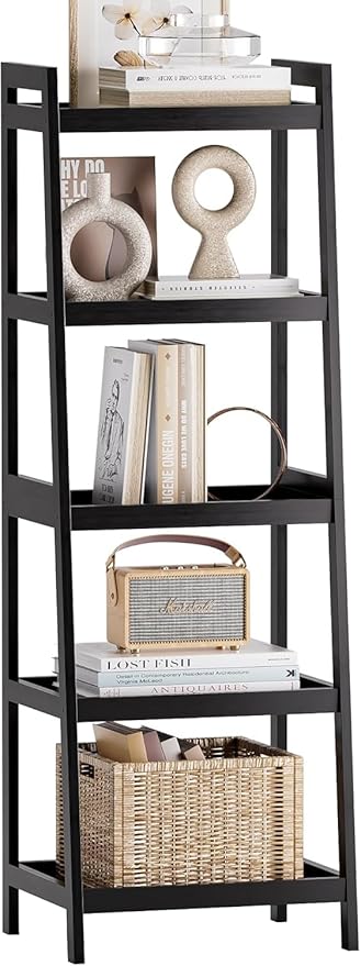 SMIBUY Bamboo Ladder Bookcase, Bathroom Storage Rack Organizer, 4 Tier and 5 Tier Freestanding Plant Display Stand Space Saver Shelves for Bedroom, Kitchen, Balcony (Black, 5 Tiers (50" H))