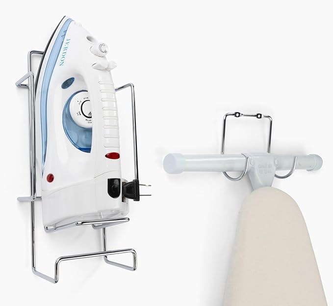 JERDON Ironing Board Holder and Iron Caddy - Stainless Steel Iron Holder with Hook - J525C