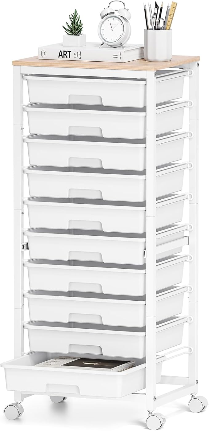 Rolling Cart with Drawers,10 Drawer Rolling Cart,Storage Cart with Wheels,Utility Cart with Drawers,Teacher Cart for Classroom Storage,Craft Cart with Wheels and Wooden Tabletop,White