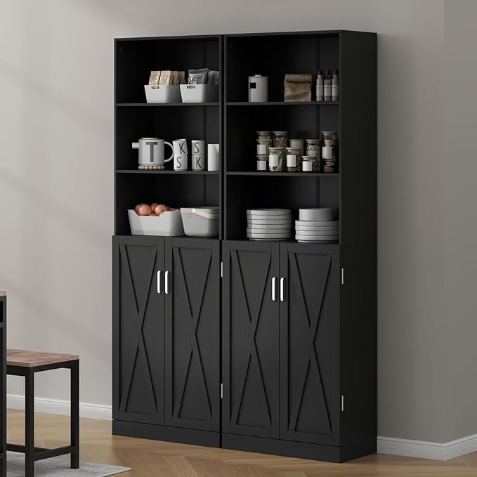 Loomie Industrial Bookshelf with Door, 6 Tier Farmhouse Book Shelf with Adjustable Shelves,70" Tall Display Etagere Bookcase,Floor Standing Unit Book Case Furniture for Home Office,Living Room (Black)