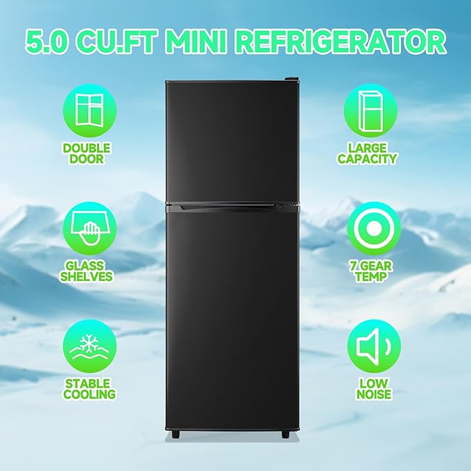 5.0 Cu.ft Refrigerator with Freezer Small Fridge Drink Holder Double Door Refrigerator Adjustable Glass Shelves for Home,Apartment,Office Black