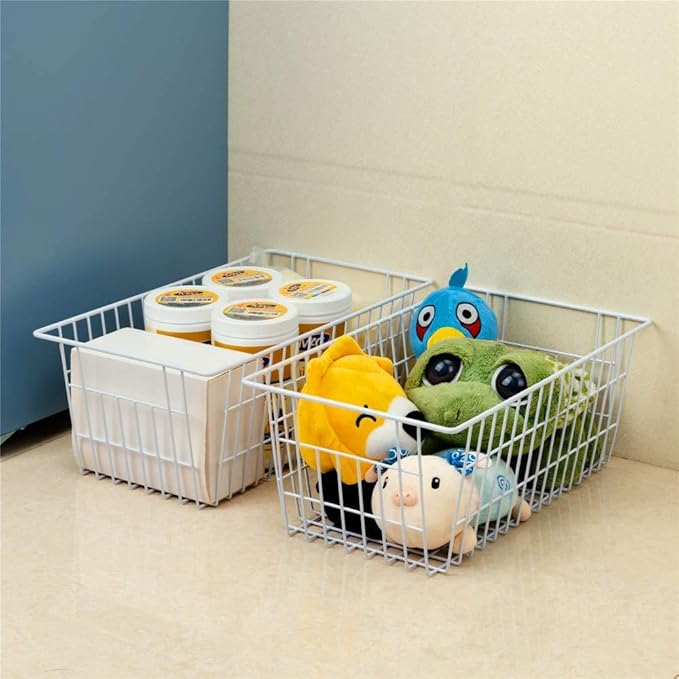 Wire Storage Basket Freezer Organizer Bins Refrigerator Organization Storage Baskets with Handles for Pantry, Freezer, Laundry Room, Closets, Garage, Office, Bathroom, Set of 2