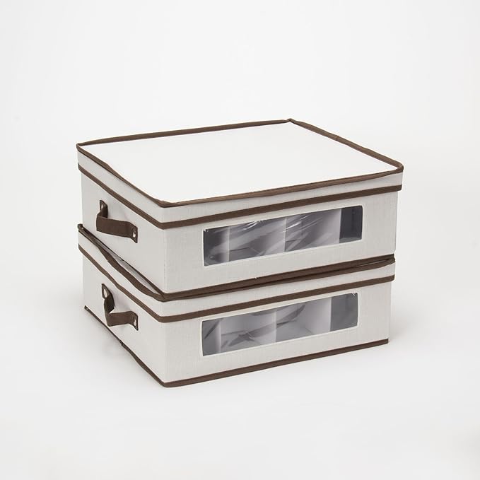 Household Essentials 538 Vision China Storage Box for Tea Cups and Mugs with Lid and Handles | Natural Canvas with Brown Trim