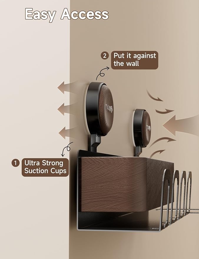Hair Dryer Holder Wall Mount with Suction Cup, No-Drill Metal Blow Dryer Holder, Hair Accessories Tools Organizer Rack with 3 Toothbrush Hanger & Shelf, Walnut Finish for Bathroom