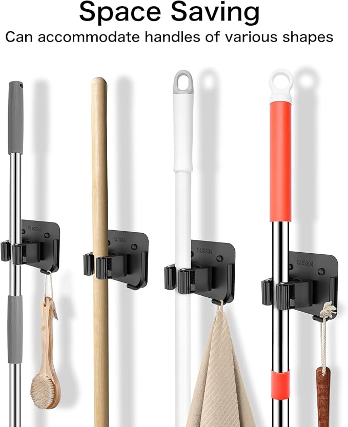 nacena Broom Holder Wall Mount, 4 Packs Black Stainless Steel Mop and Broom Hanger with Hooks Heavy Duty Broom and Mop Organizer Wall Hanging for Bathroom