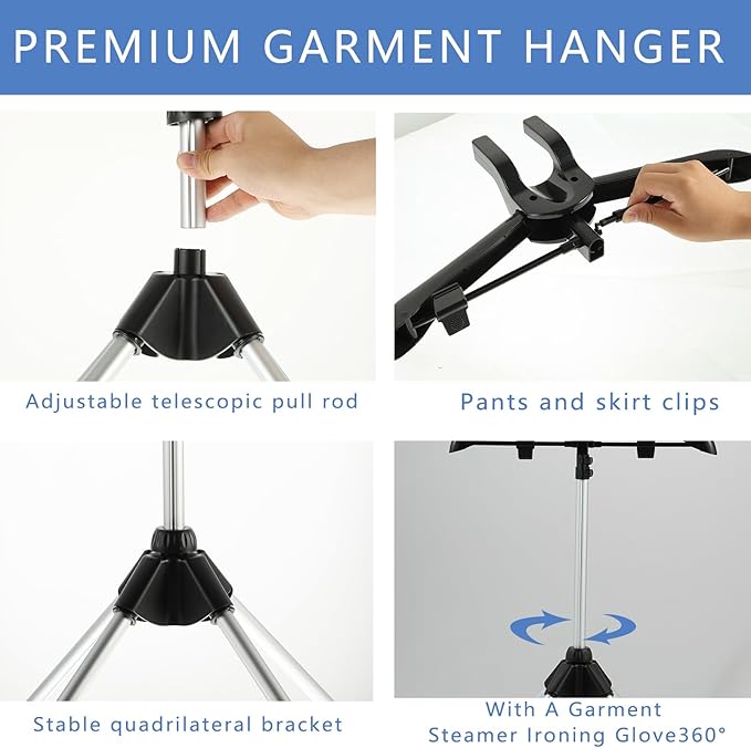 Garment Steamer Rack & Garment Ironing Glove for Clothes,Adjustable Steamer Stand for Clothes,Adjustable Garment Hanger Standing,Foldable Iron stand with Ironing Glove for Steaming Clothes(32-63 Inch)