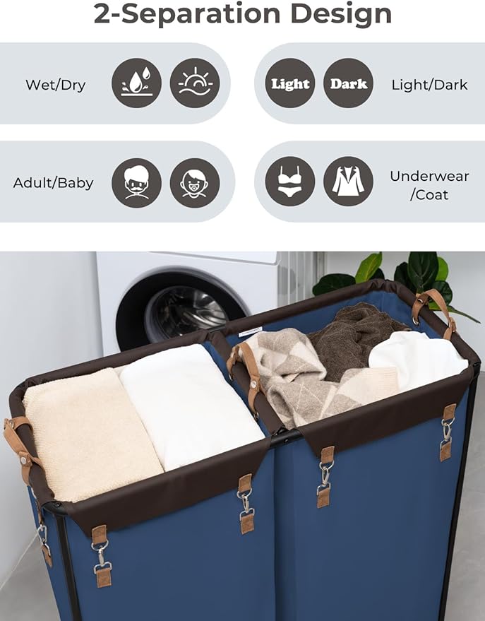 StorageWorks 390L Extra Large Lanudry Hamper with Wheels, Laundry Basket with Wheels 2 Sections, Clothes Sorter Cart with Divider for Hotel, Home, Blue, 1-Pack