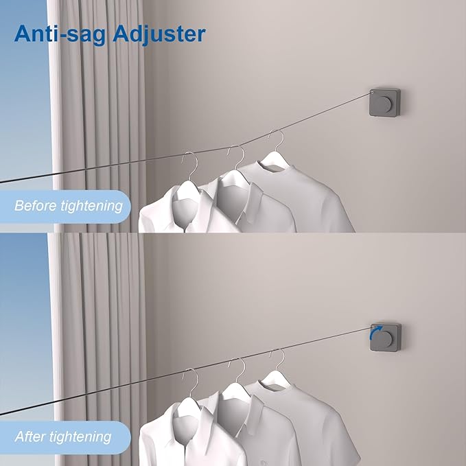 Suntree Retractable Clothesline in Grey - 16.4ft Sag-Proof Stainless Steel Cable, 5 Clips, 2 Installation Kits (No Drill/Drill), 44lb Heavy Duty Wall Mount Indoor Outdoor Laundry Drying Line