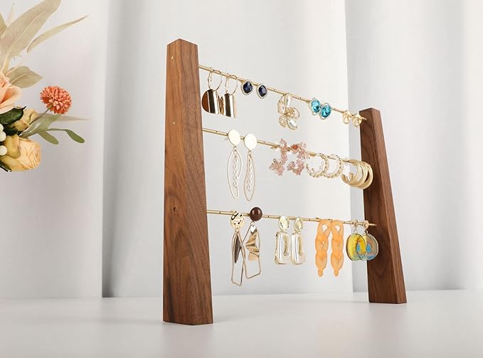 GemeShou 3 Tiers Walnut Earring display stands for selling, Wooden Jewelry Shelf, Earring Storage Organizer, Brass earring holders with 42 holes for stud Dangle Hoop【Walnut 3-Tier Height 9.45"】
