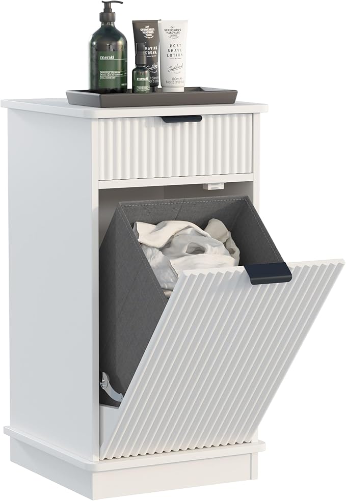 White Tilt Out Laundry Hamper Cabinet Hidden Laundry Hamper Cabinet with Drawers and Baskets for Bathroom Hamper with Storage for Kitchen Bedroom,16x16x30in