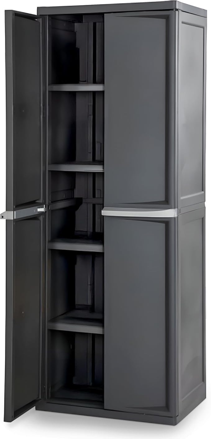 Sterilite 4 Shelf Cabinet, Lockable Utility Storage w/ Adjustable Shelves, Gray - Plastic Shelving Unit for Organizing Garage, Pantry, Basement, Laundry Room or Mudroom