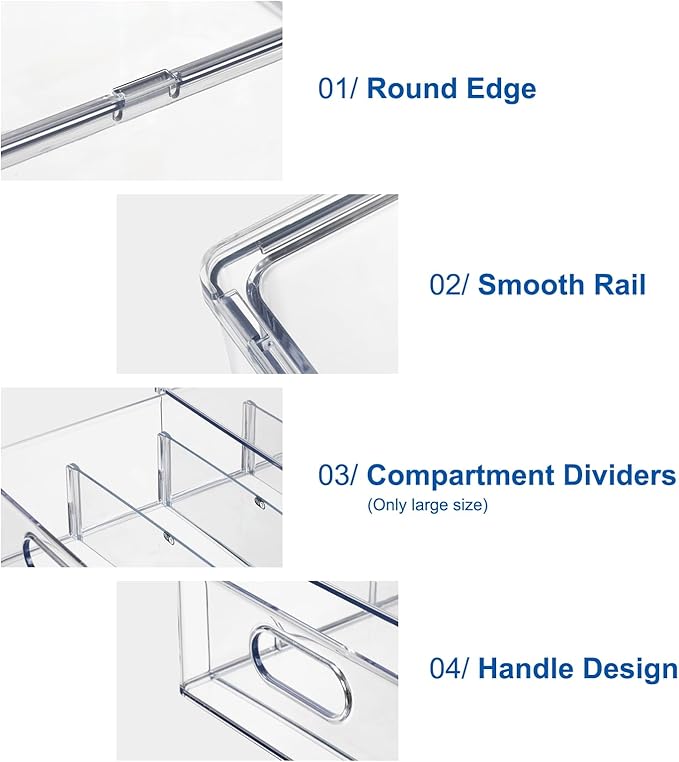 Fridge Drawer Pull Out Stackable Bins, Clear Refrigerator Stackable Organizers, Fridge Organizer Storage for Kitchen, Pantry, Vegetables, Fruits (2 Large)