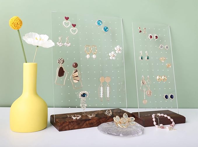 GemeShou walnut earring display for selling jewelry, wooden earring holder for studs display, small jewelry studs display board for show【Wood stand with acrylic board-Walnut】