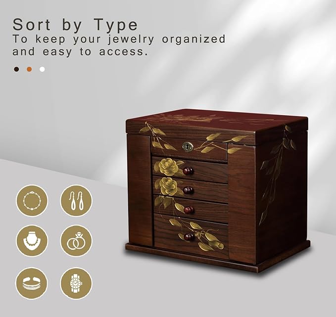 Wooden Jewelry Box for Women, 5-Layer Large Wood Jewelry Boxes & Organizer with Drawers for Rings Necklaces,Hand-painted rose flowers jewelry case organizer,jewelry safe