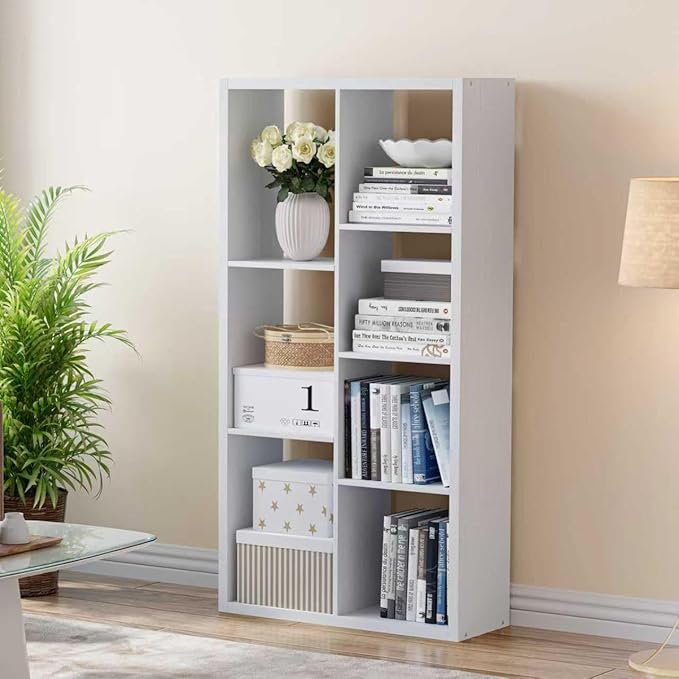 Cube Storage Organizer Bookcase, Decorative 11 inch Open Back Cubical Shelf with Thickened Border, Display Bookshelf for Living Room, Home Office, Sturdy Room (White, 7 Cube)