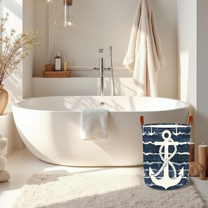 Laundry Baskets 15.7x19.7 Inch Large Nautical Anchor Design Collapsible Laundry Hamper with Handles Oxford Fabric Clothes Storage Bin Foldable Dirty Clothes Organizer for Bedroom Bathroom Dorm