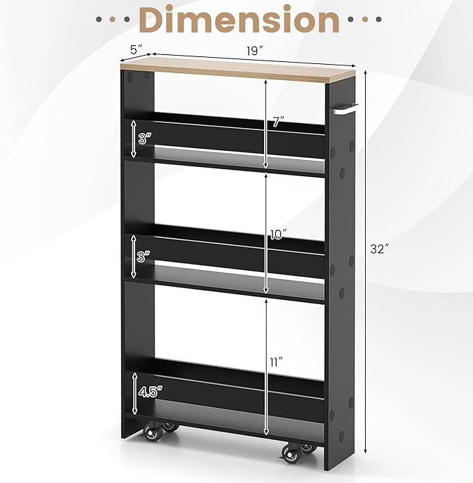 Slim Rolling Storage Cart, 4 Tier Narrow Kitchen Cart with Wheels, Between Washer and Dryer Cart, Wood Shelving Unit Organizer w/Handle for Small Spaces (Black, 5-Inch)