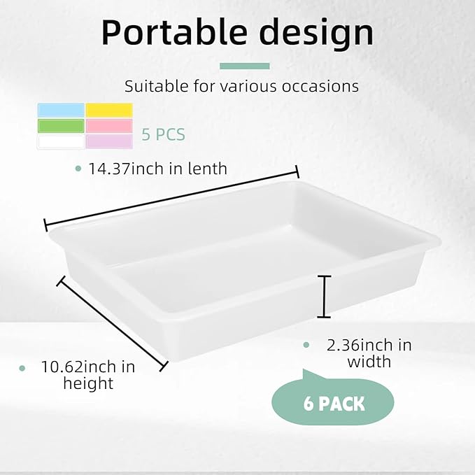 Turn in Trays Classroom, 6 Pack White Paper Trays for Classroom with Colorful Labels, Thick Plastic Storage Bins,Paper Bins for School, Office Organization, Letter Size Flat Storage Tray