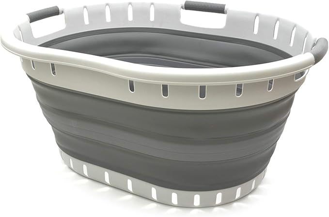 SAMMART 57L (15 Gallons) Collapsible 3-Handled Plastic Laundry Basket - Oval Tub - Portable Washing Tub - Pop up Laundry Hamper (1 pc - Oval, Dark Grey)
