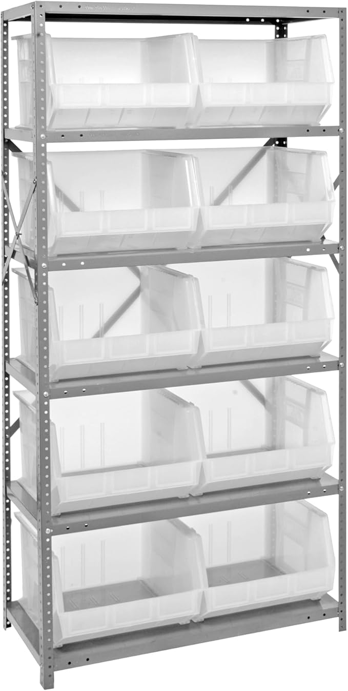 Quantum Storage Systems QSBU-270CL Giant Open Hopper Steel Shelving System, 18" D x 36" W x 75" H, with 6 Shelves and 10 QUS270 Bins, Clear