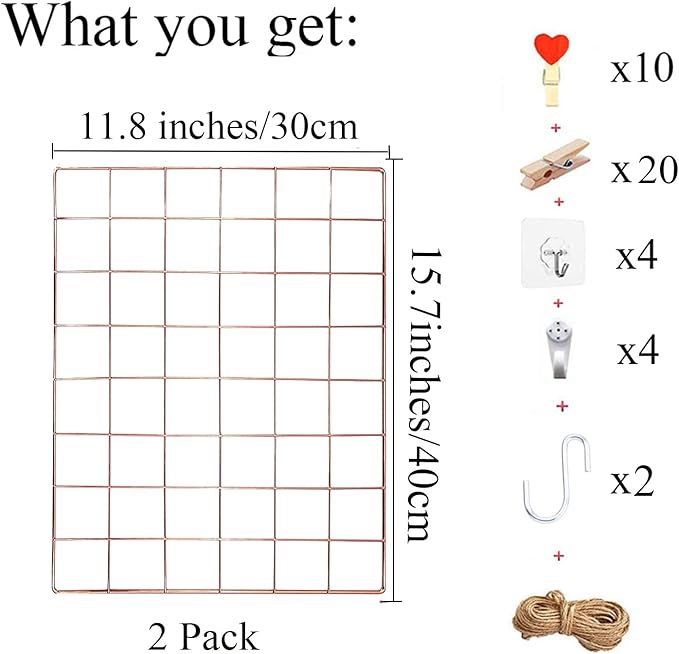 GBYAN Wall Grid 2 Pack Wire Photo Grid Panels Memo Board Wall Organizer(Rose Gold)
