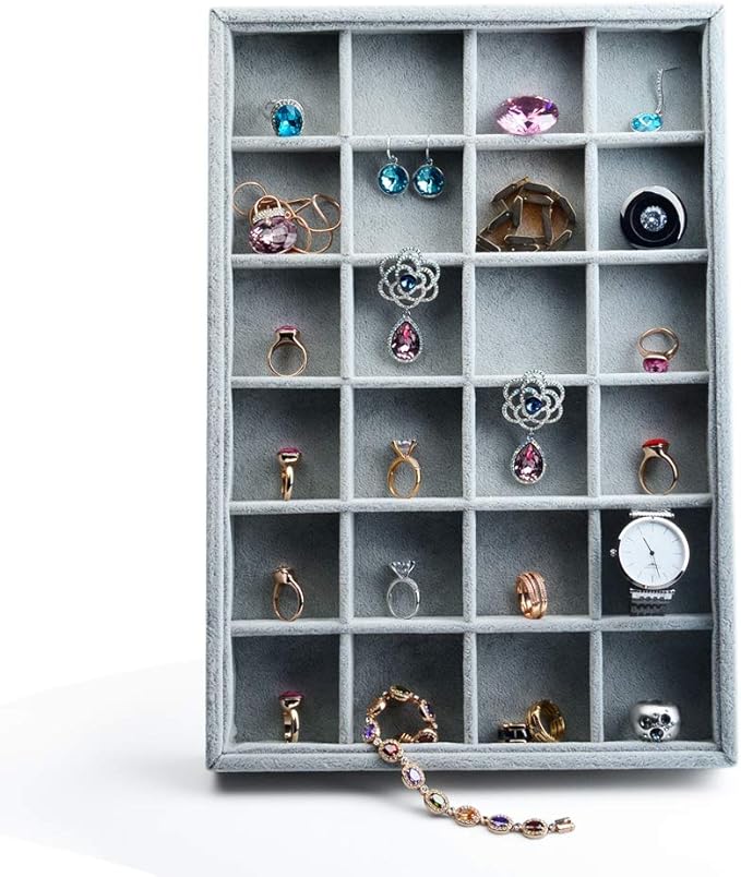 Oirlv 24 Grid Ice Velvet Jewelry Drawer Organizer Tray Stackable Jewelry Trays Removable Dividers for Rings Earring Storage Display