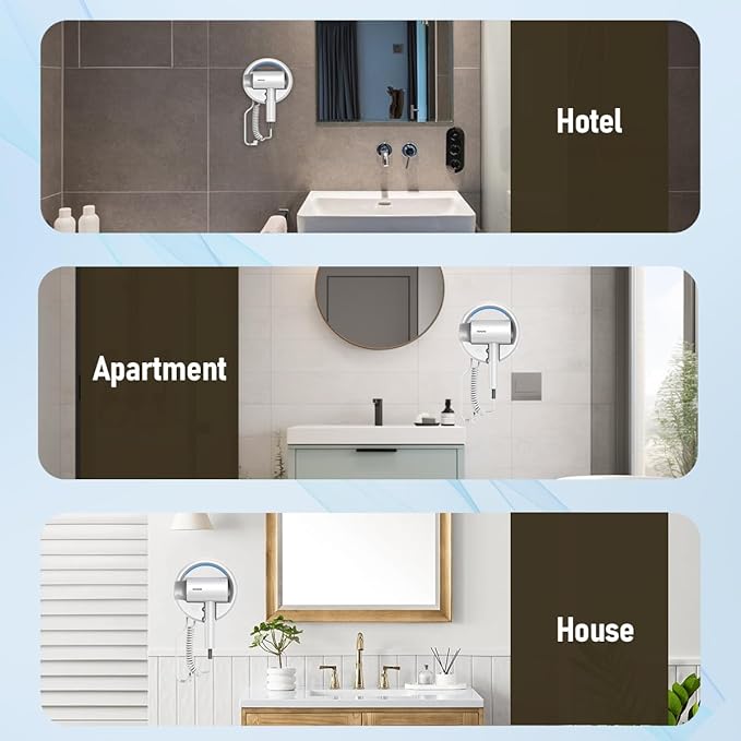 Hotel Wall Mount Hair Dryer for Bathroom with Night Light, 110V, Quiet, Overheat Protection, Negative Ion Technology