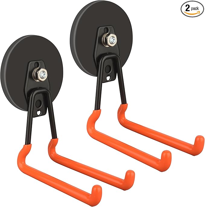 ULIBERMAGNET New Updated Strong Magnetic Hooks,2 Pack Heavy Duty Large Magnetic Hooks for Extension Cord, Cable, Hose, Power Cord,Rope,Drill,Jig Saw,Circular Saw,Garden Lawn Tools (Orange/3.46inch)