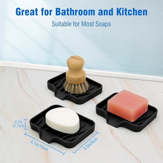 3-Pack Silicone Soap Dish Set – Bar Soap Holder with Self-Draining Design, Easy-Clean Tray for Shower, Bathroom, Kitchen, and Tub (Black)