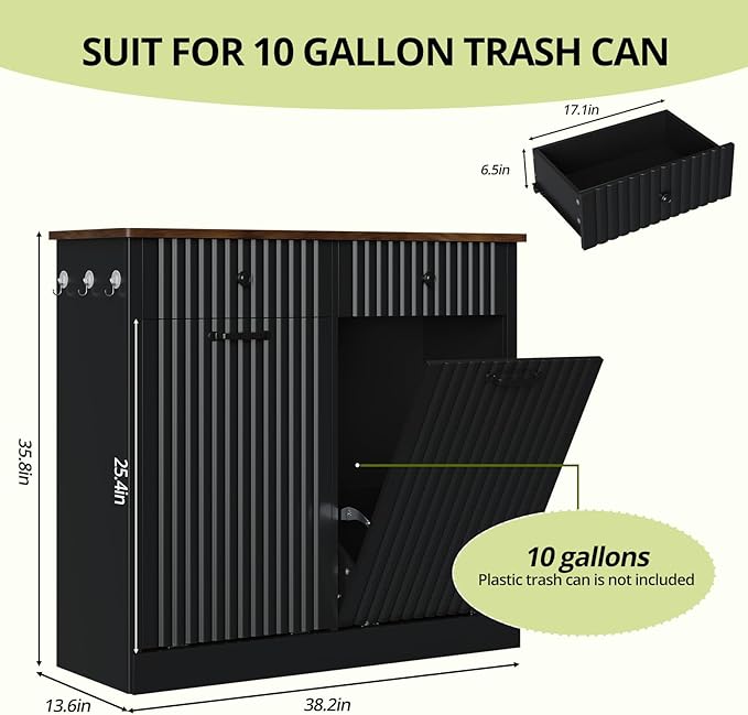 Double Tilt Out Trash Can Cabinet, 20 Gallon Fluted Laundry Hamper Cabinet with 2 Drawers, Wooden Hidden Garbage Can Cabinets for Kitchen, Living Room, Without Trash Bin or Laundry Hamper,Black