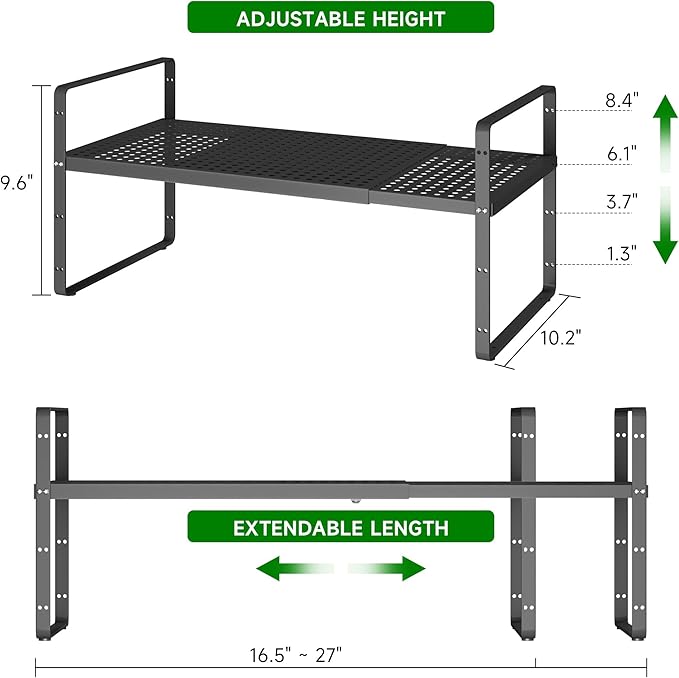 Expandable Kitchen Cabinet Shelf Organizer Rack Heavy Duty Metal Spice Rack Stackable Kitchen Counter Storage Shelf for Kitchen Cabinet Pantry Bathroom (Black - 16.5"-27" L x 10.2" W x 9.6" H - 1Pack)