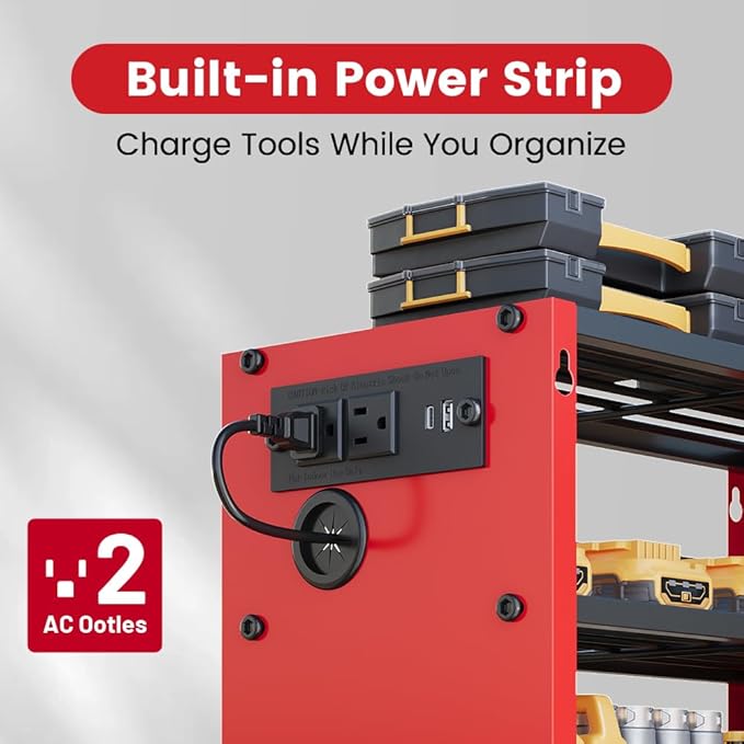 4 Layers Power Tool Organizer Wall Mount with Power Strip, Heavy Duty Metal Tool Shelf, 400lbs Capacity for Cordless Drills, Batteries & Garage Storage (4 Slots with 2 Outlets Power Strip)