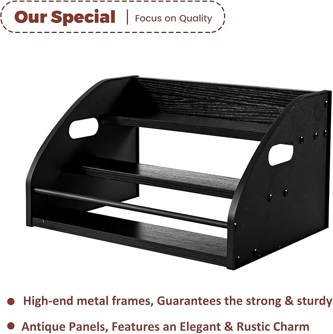 Premium Metal Design - Strong Liquor Bottle Display Shelf, 3 Steps Extra Large Rustic Mini Bar, Countertop Coffee Syrup Organizer with Handles, Ideal Gift for Dad & Liquor Enthusiasts