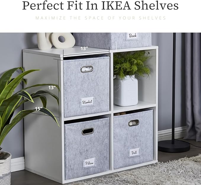DECOMOMO Felt Storage Bins 13x15x13 Storage Cube Bins with Labels, Baskets for Organizing Shelves (Kallax / 4pcs, Light Grey)