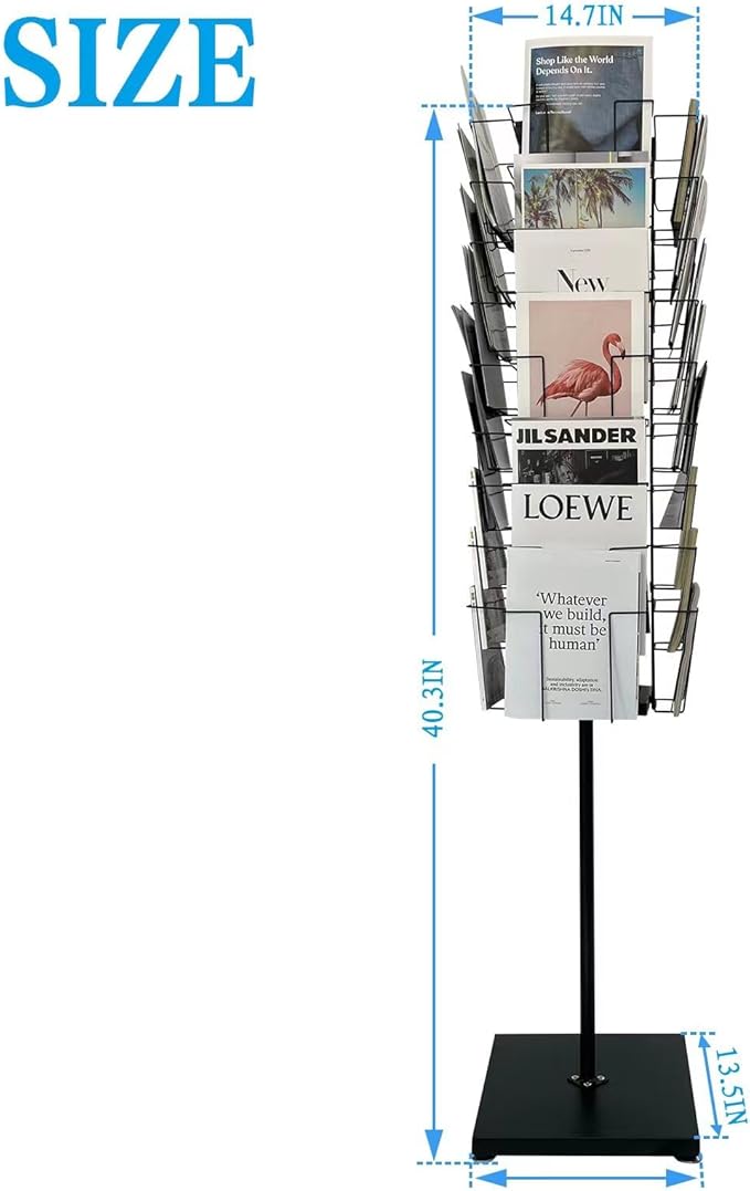 TONGMO 36-Pocket Rotating Magazine Rack Stand, Floor Spinner Display for Magazines, Comic Books, Brochures, A4 Organizer for Office, Bookstore, Home, Reception