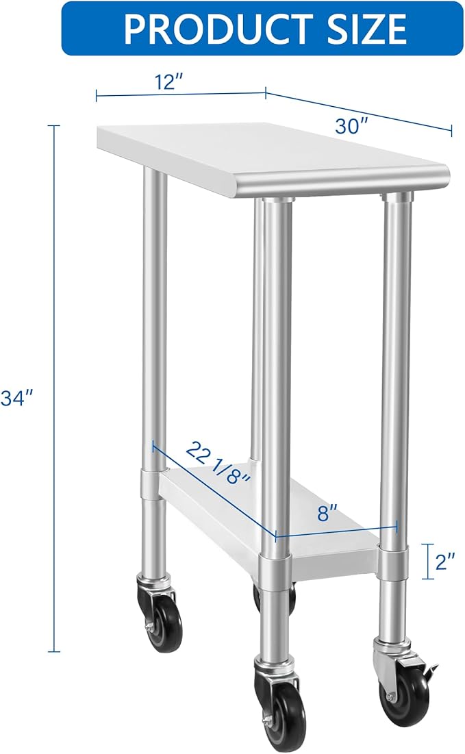 HARDURA Stainless Steel Commercial Table Prep & Work Table with Casters Heavy Duty Metal Table with Wheels NSF 430 30×12 Inches