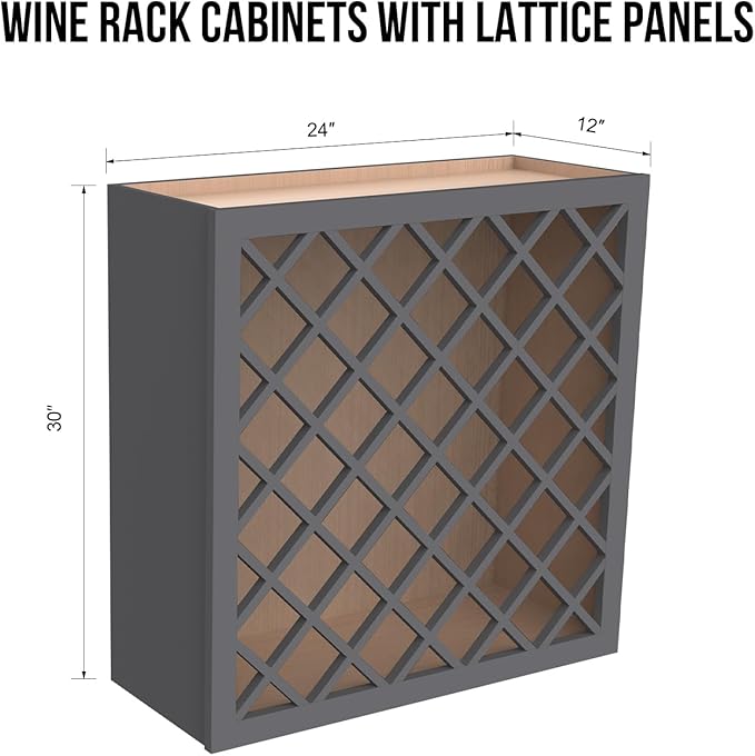 Solid Wood RTA Wine Bottle Rack Wall Cabinet With Lattice Panels - Holder Storage for Bar, Pantry, or Cellar - Mocha Finish Countertop Solution (Pebble Gray, 24"W 12"D 30"H)