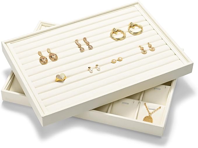 24 Grids Microfiber Jewelry Trays Ring Earrings Organizer Tray Stackable Jewelry Drawer Organizer(Beige)