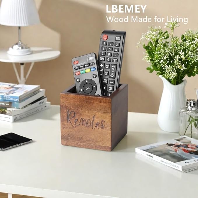 Acacia Wood TV Remote Holder, Caddy and Organizer for Table, Vintage Farmhouse Desk Caddy (Brown for 2 or 3 Remote Controls)