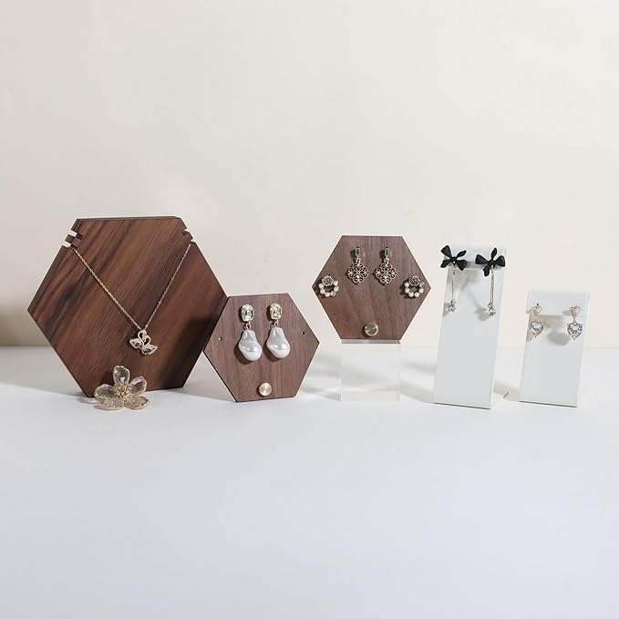 GemeShou 3pcs wooden jewelry earring organizer holder, walnut earring studs stand for boutique store, cute earring display for selling with 6 holes on each【Earring stand-Hexagon-3pcs】