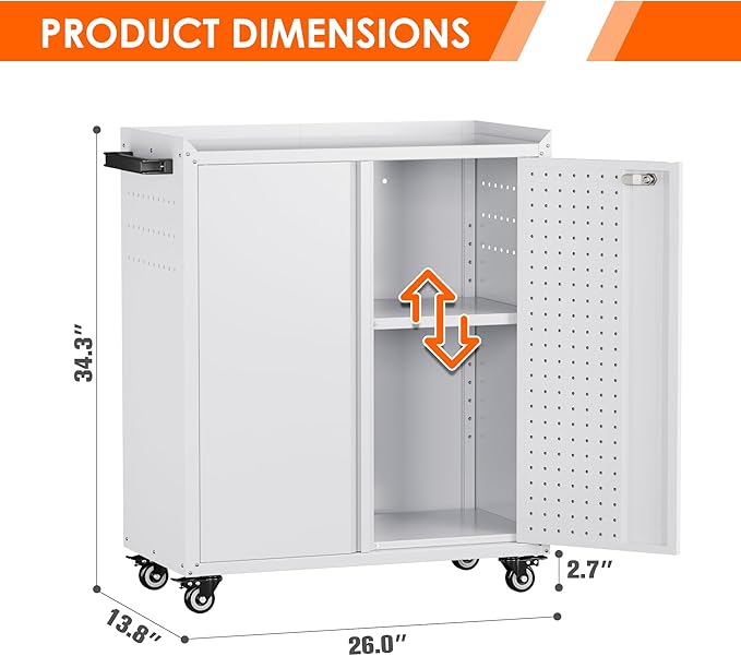 Aobabo 34.3'' H Metal Rolling Storage Cabinet, Locking Steel Storage Cabinet on Wheels with Pegboards and 4 Hooks, for Office, School, Home, Library, White, Assembly Required