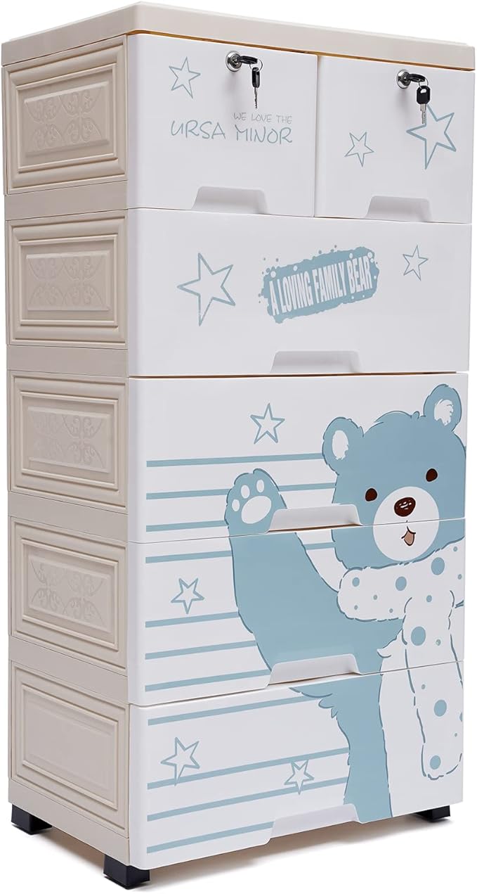Plastic Drawers Dresser, 6 Drawers Storage Cabinet Polar Bear Tall Standing Dresser Bedside Furniture & Night Stand End Table Dressers with Wheels for Clothes Playroom Bedroom Furniture