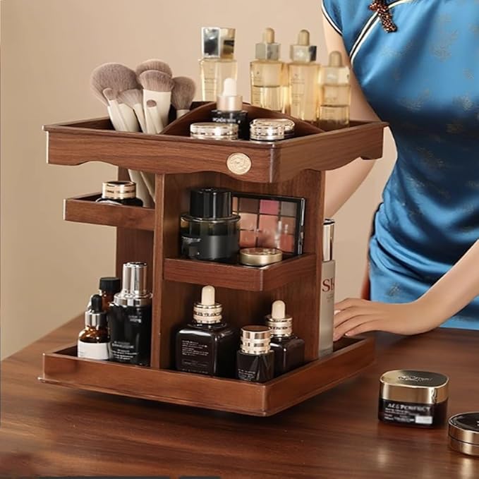 360° Rotating Makeup Organizer, Spining Adjustable Wooden Vanity Storage for Skincare, Perfume and Cosmetics for Countertop Organizer for Bathroom and Dresser