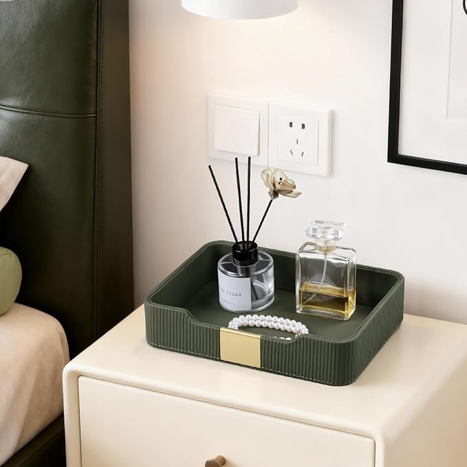 Valet Tray Desktop Storage Organizer, PU Leather Catchall Bedside Vanity Tray with Brass Accents Block Nightstand Organizer for Keys Watch Wallet Phone, Decorative Nightstand Storage (Green)