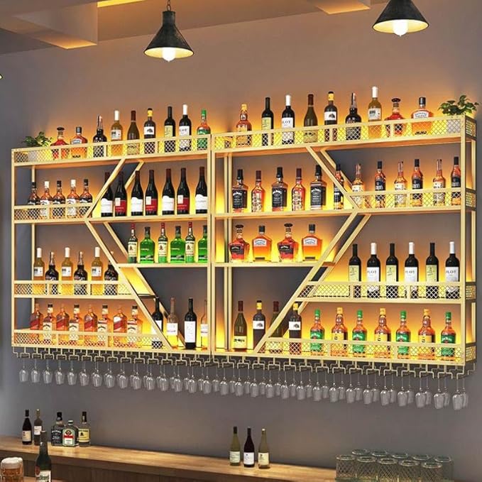 95in Large Wall Mounted Wine Rack 4 Tier Metal Wine Bottle Holder Modern Diamond Design Floating Bar Liquor Bottles Storage Rack for Home Restaurant Bar Decorative(Gold, 4 Tier - 95in)