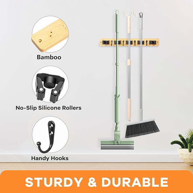 IMILLET Broom Holder Wall Mount, Bamboo Broom Hanger with 5 Racks 4 Hooks, Mop and Broom Holder Wall Mount Self Adhesive, Home Organization and Storage for Laundry Room, Closet, Utility Room