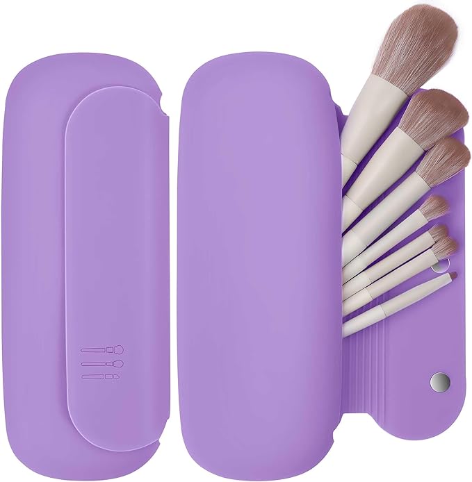 Silicone Travel Makeup Brush Holder for Women with Magnetic Closure and Built-in Brush Cleaner, Washable Cosmetic Organizer, Gift-Ready Pouch, Purple